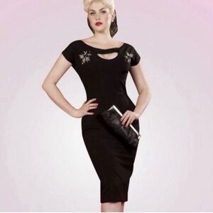 Bettie Page Black Midi Dress with Embroidered Details